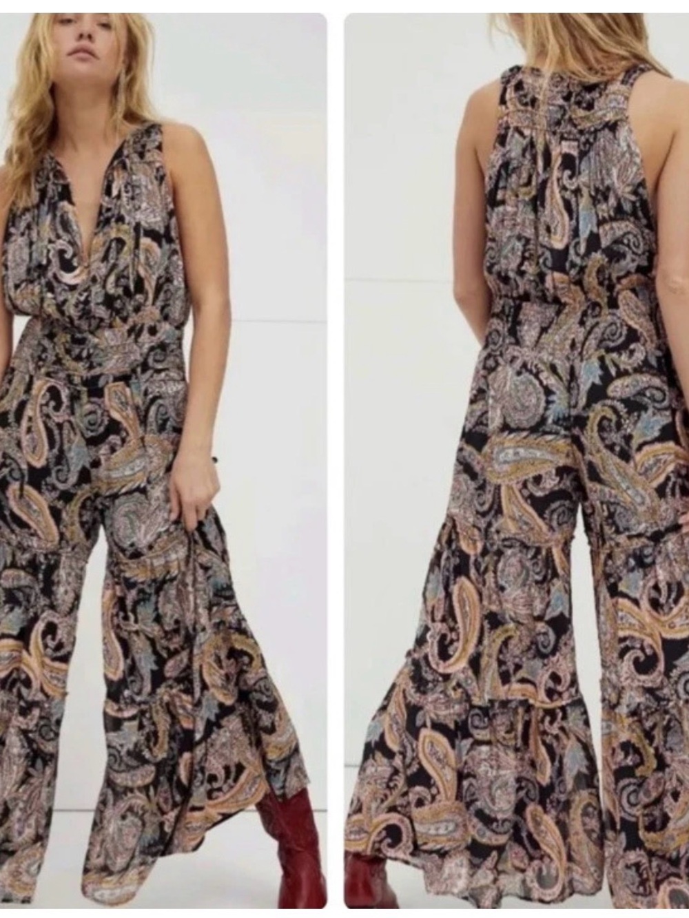 Free People Gold Dust metallic paisley print jumpsuit